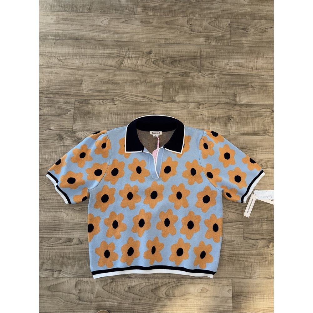 Nanette Lepore Flower Polo Sweater Airy Blue/Orange Multi Women Size 1X